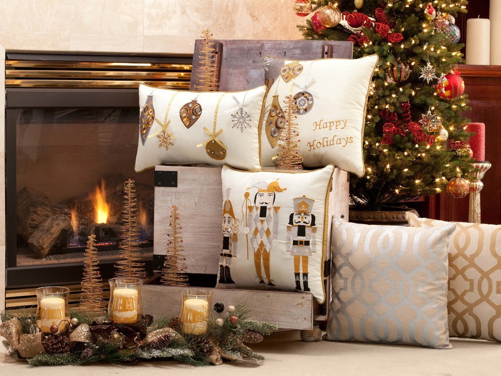 Holiday Embroidered Nutcrackers Throw Pillow, Gold and Silver