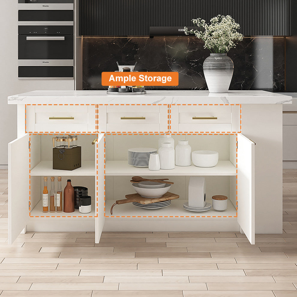 72" Large White Kitchen Island With Storage Modern Kitchen Cabinet, White, Laminate