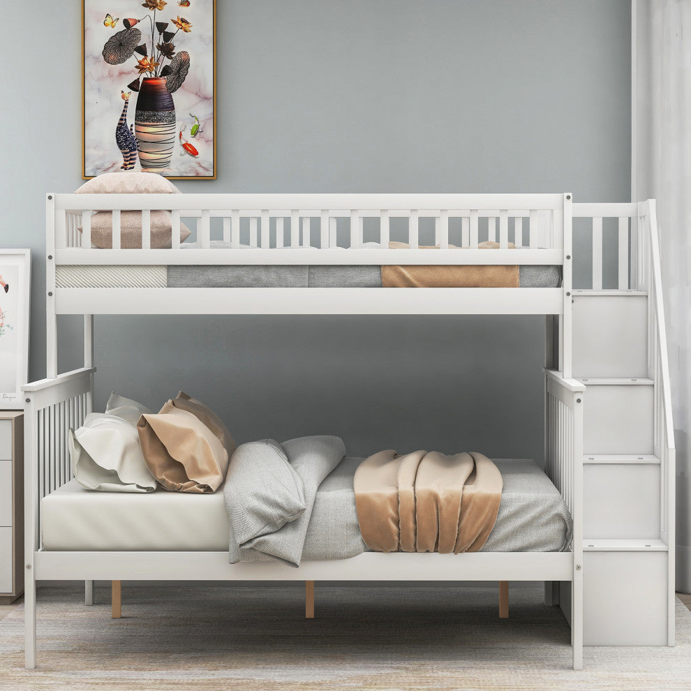 Gewnee Wood Twin Over Full  Bunk Bed with Storage Stairway in White