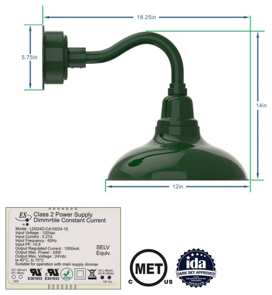 12in. Green Gooseneck Barn Light with Chic Arm