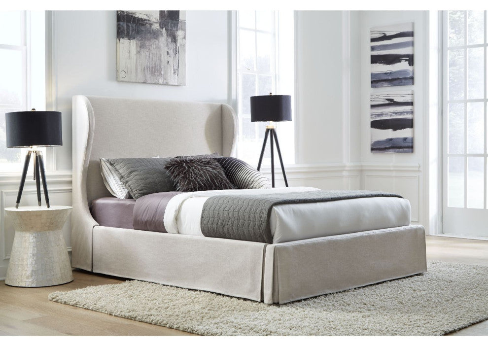 Modus Hera Queen Upholstered Skirted Storage Panel Bed in Oatmeal
