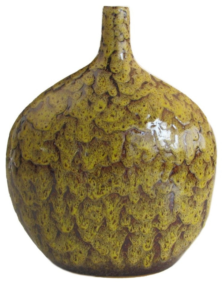 Bellied Ceramic Vase With Dripping Glazed Texture, Yellow and Brown