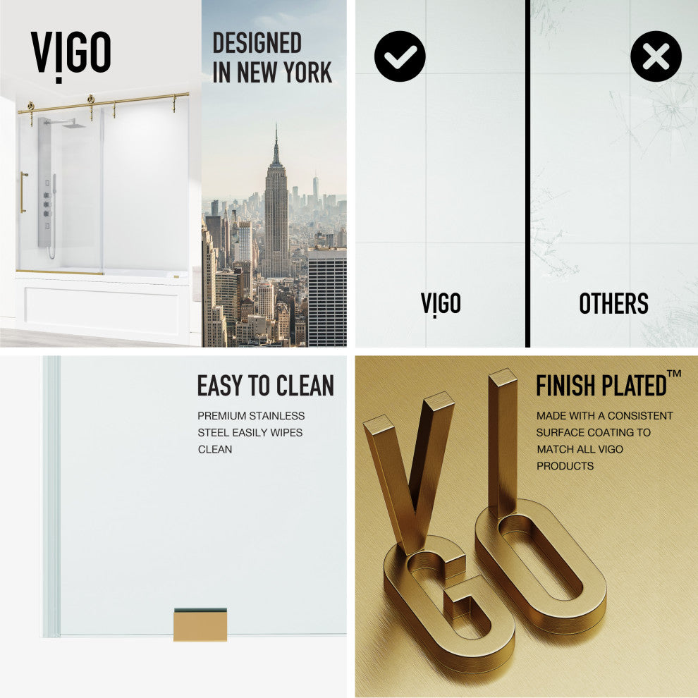 VIGO Hamilton Frameless Sliding, Matte Brushed Gold, Tub Door, 56" to 60" W X 68" H, Clear Glass