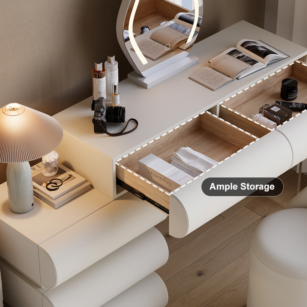 Modern Vanity Set PU Leather Dressing Table With Stool/LED Mirror, Off-White