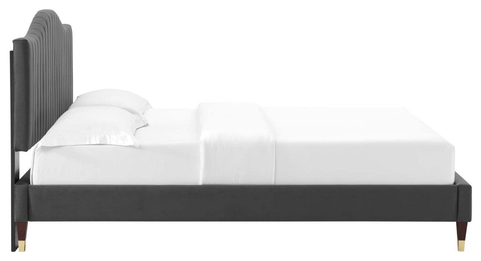 Tufted Platform Bed Frame, King Size, Velvet, Gray, Modern Contemporary