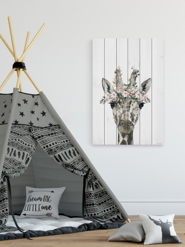 "Floral Crowned Giraffe" Painting Print on White Wood, 8x12