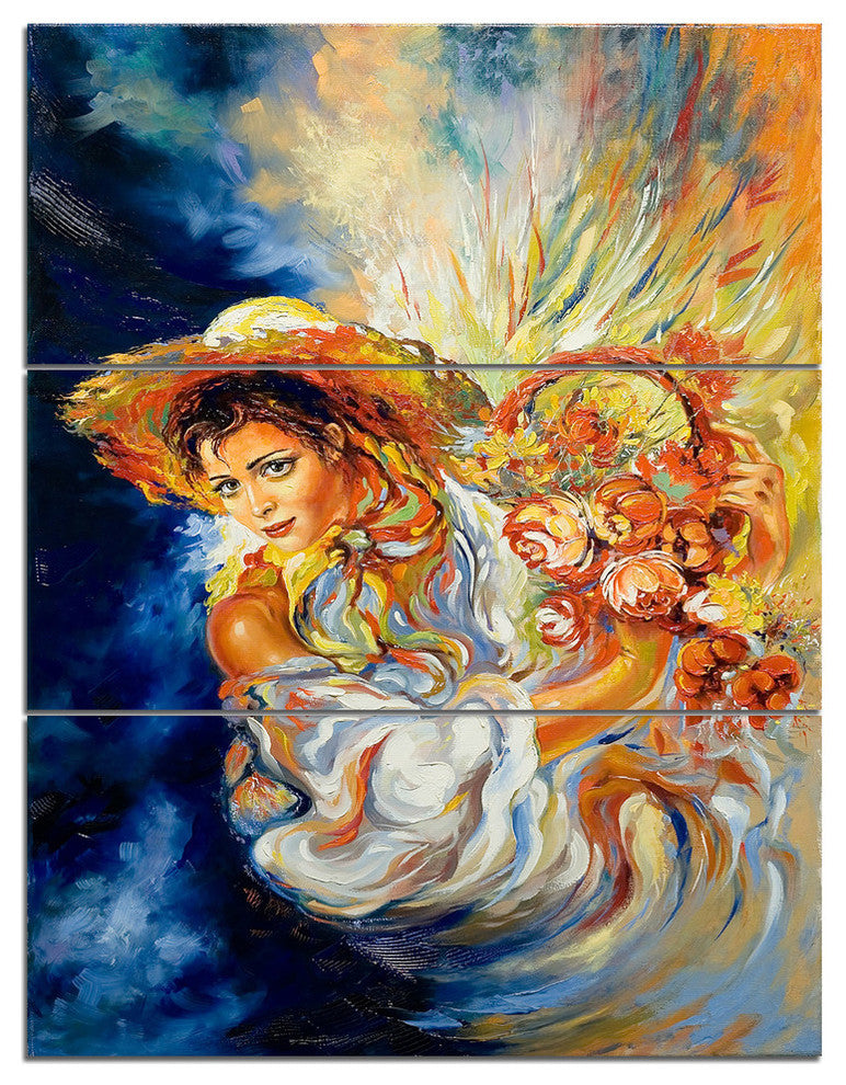 "Girl With Flowers" Glossy Metal Wall Art, 3 Panels, 28"x36"