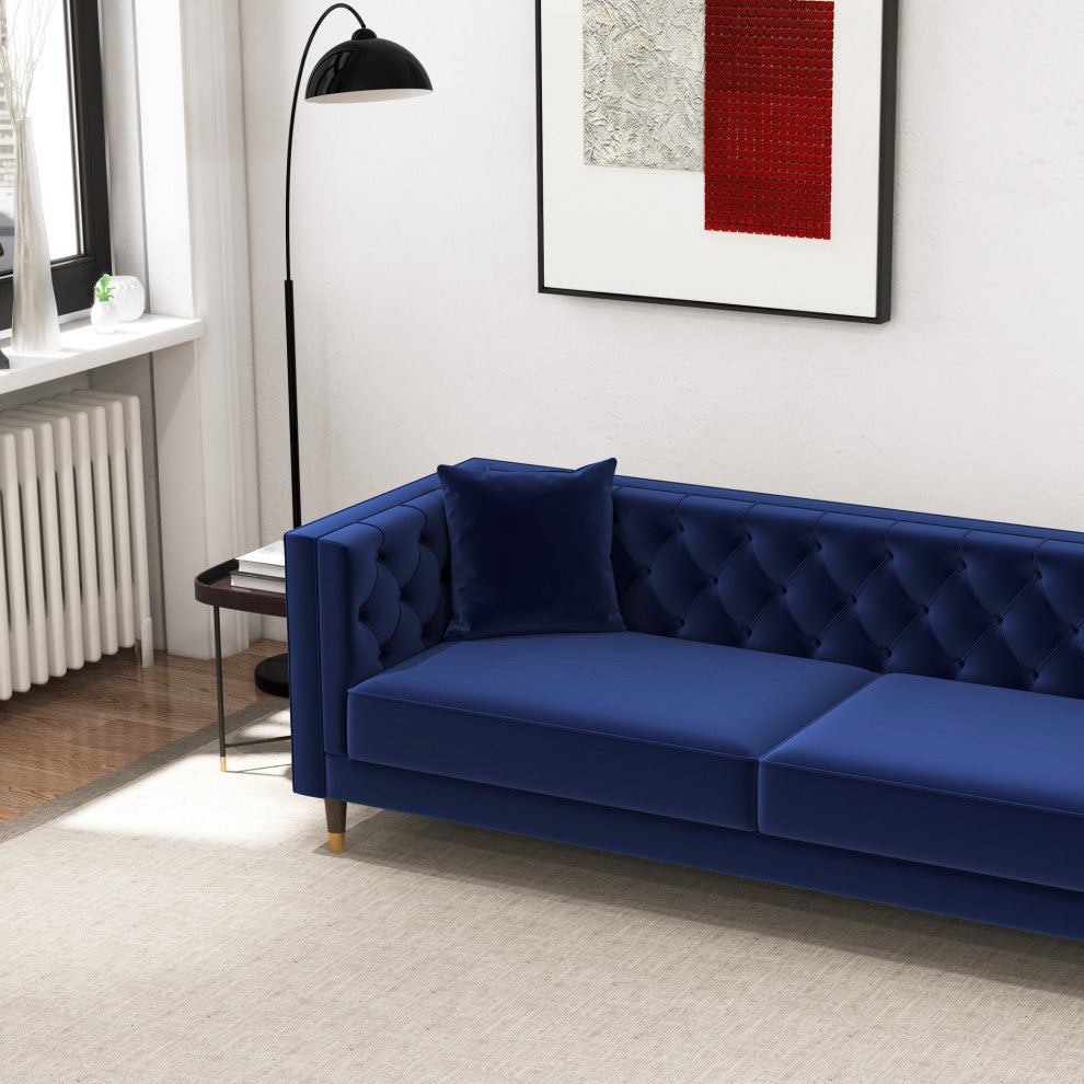 Lewis Mid-Century Modern Luxury Tufted Velvet Sofa, Dark Blue