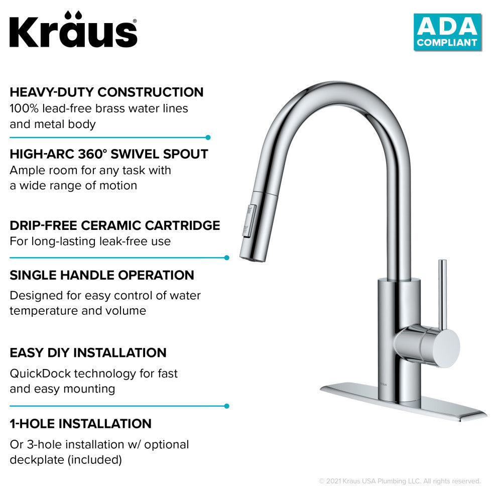 Oletto Pull-Down 1-Hole Kitchen Faucet, Chrome, Model Kpf-2620ch
