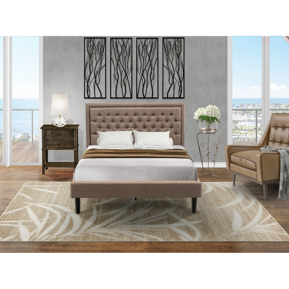 2Pc Queen Size Bed Set, 1 Platform Bed Dark Khaki, 1 Wood Nightstand