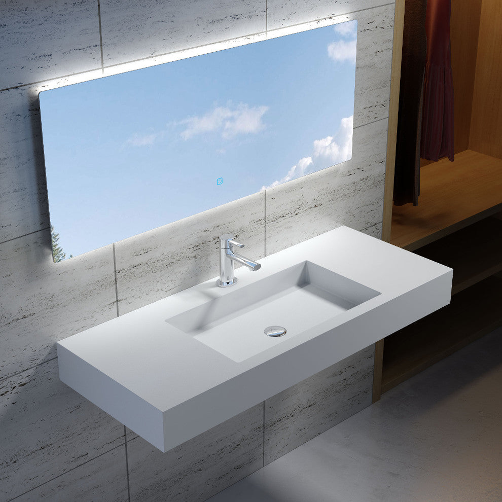 47" Polystone Rectangular Wall-Mount Sink, Glossy White, No Faucet
