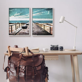 Tranquil Pier Dock Beach Clear Blue Sky Illustration, 2pc, each 16 x 20