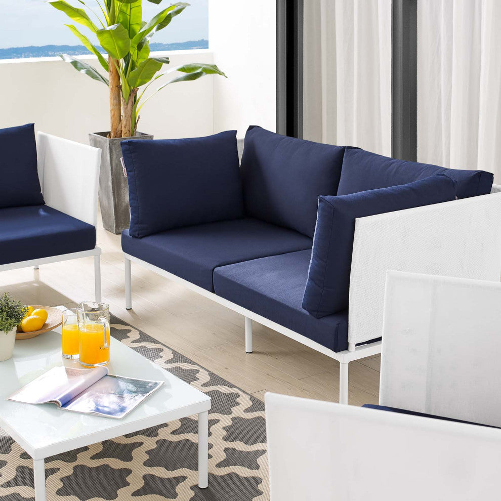 Sectional Sofa Chair Table Set, Sunbrella, Aluminum, White Blue Navy, Outdoor