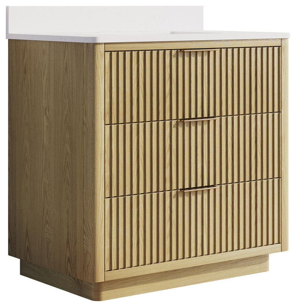 Solid Wood Freestanding Bathroom Vanity with White Quartz Top and Backsplash, 36"