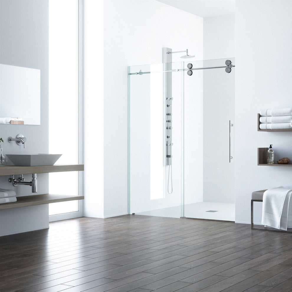 VIGO Elan 56" to 60" W x 74" H Frameless Sliding Shower Door, Chrome, Clear Glass