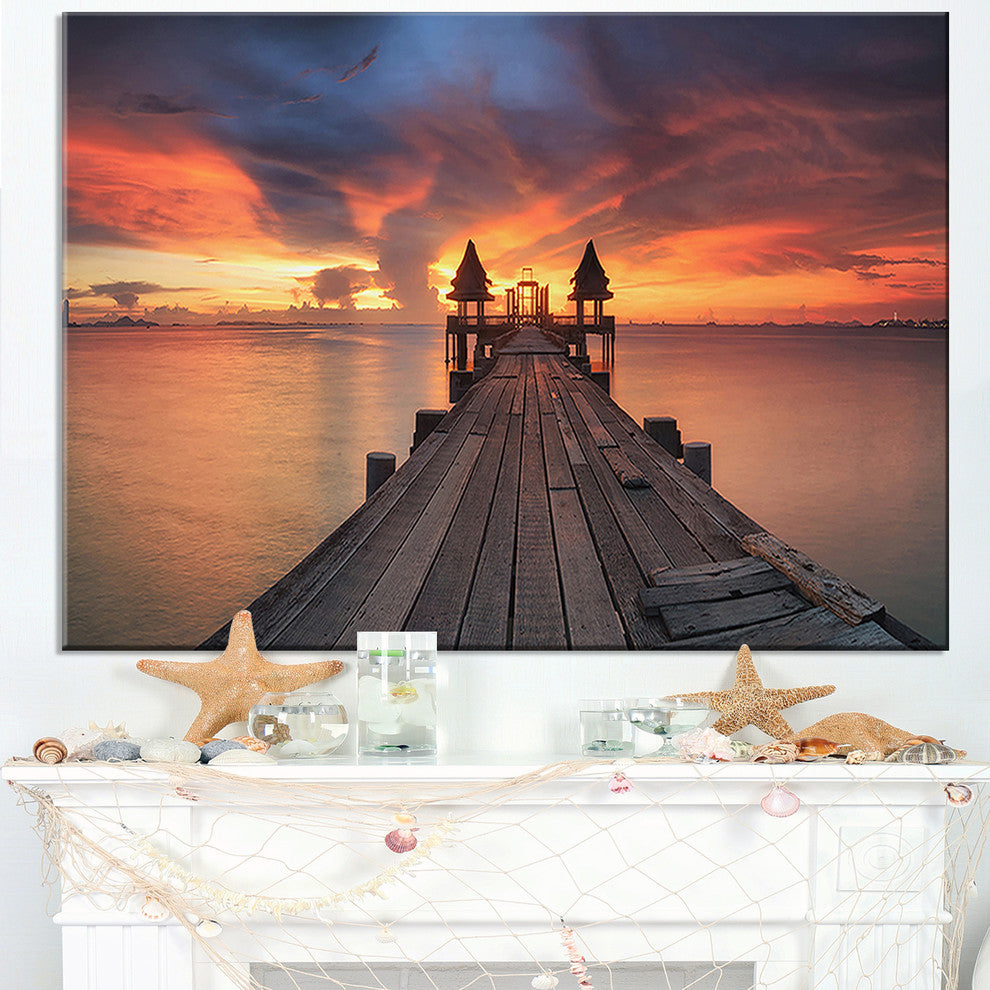 "Glowing Sky And Long Wooden Bridge" Sea Pier Wall Art Canvas Print, 40"x20"