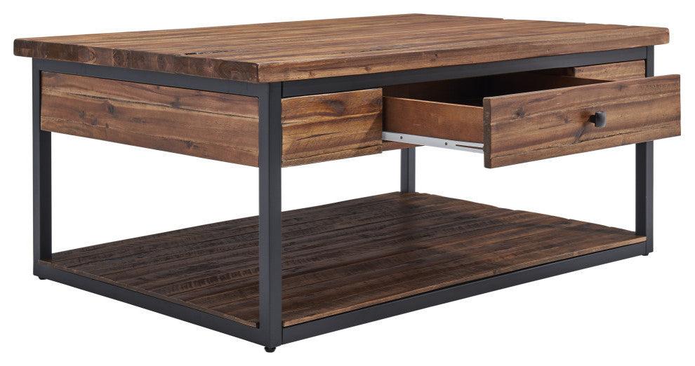Claremont 48" Rustic Wood Coffee Table With Drawer and Low Shelf