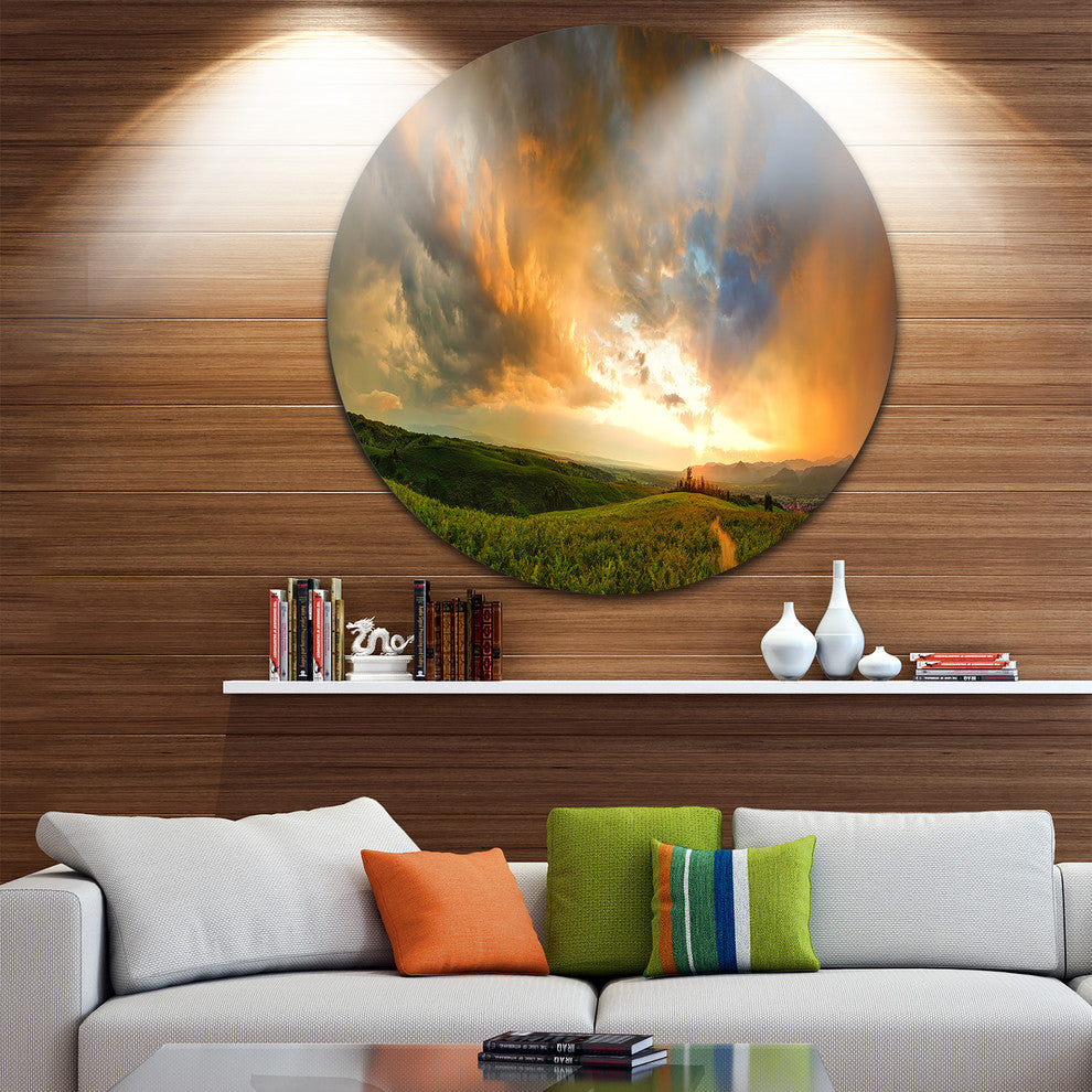 Majestic Sunset With Storm Clouds, Landscape Disc Metal Artwork, 11"