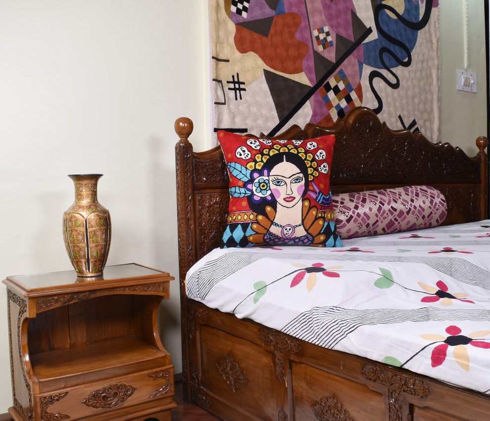 Frida Kahlo Inspired Pillow Cover Red Tiara Hand Embroidered Wool 18x18