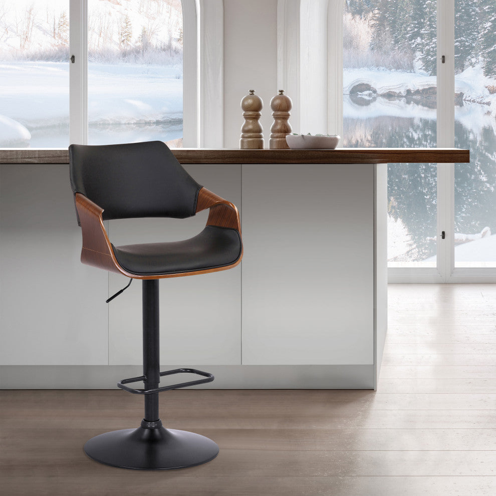 Aspen Adjustable Swivel Faux Leather and Wood Bar Stool With Metal Base, Black, Walnut and Chrome