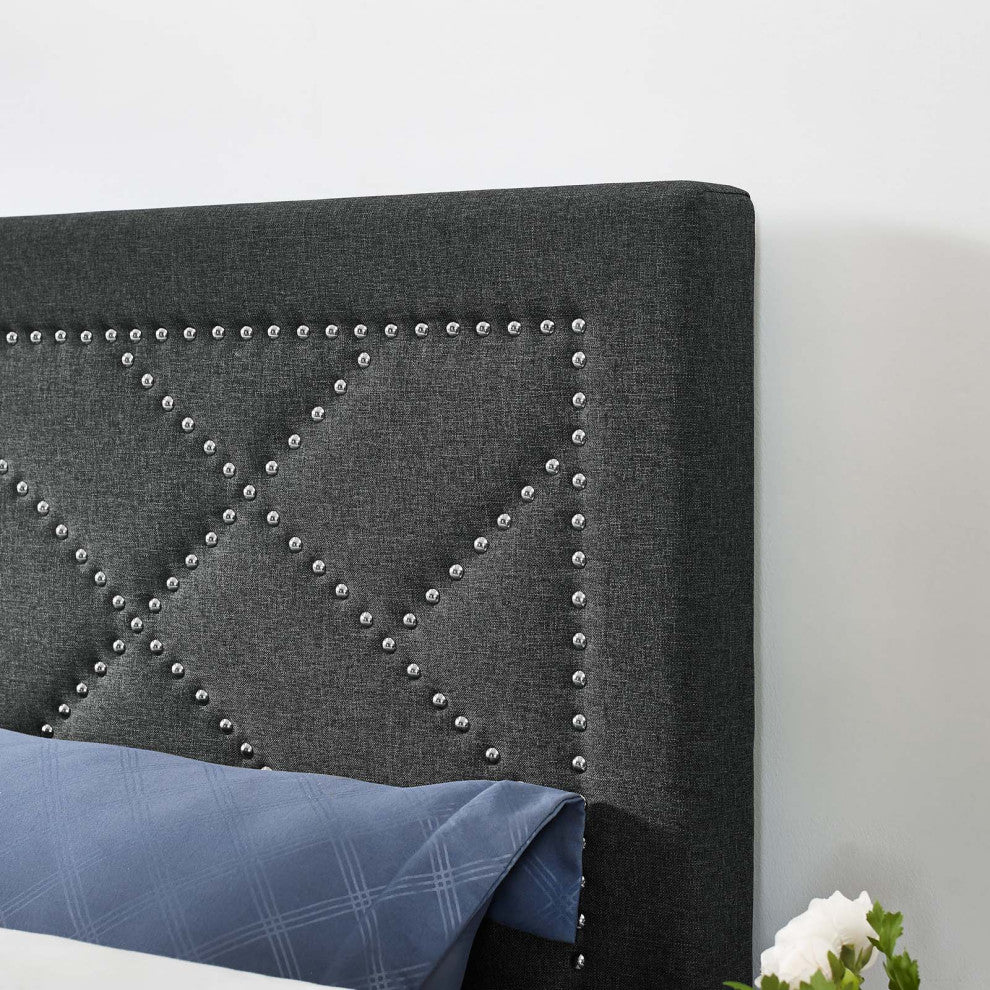 Modern Designer Full and Queen Size Headboard, Rivet Nail, Fabric, Grey Gray