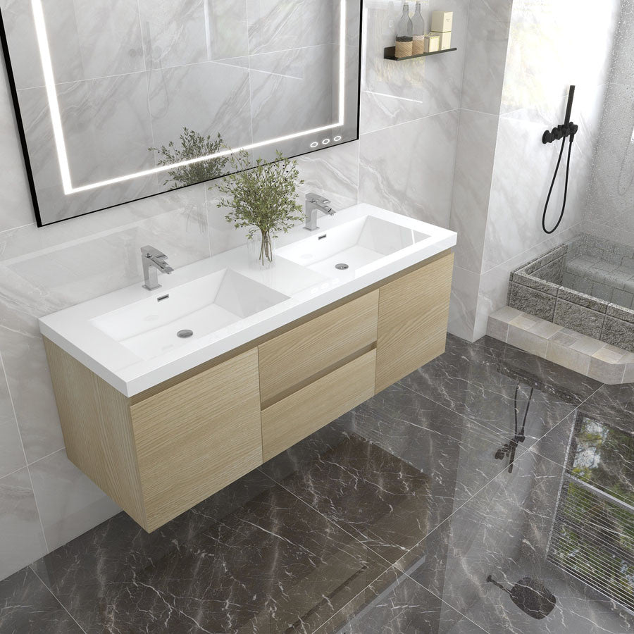BTO 60" Wall Mounted Bath Vanity With Reinforced Acrylic Sink, Double Sink, White Oak