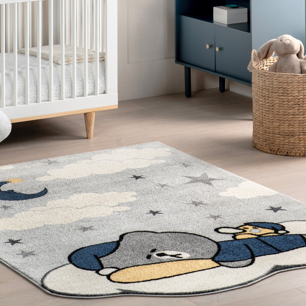 Nuloom Ryder Sleeping Bear Kids Rug, Light Grey 4'' x 6''