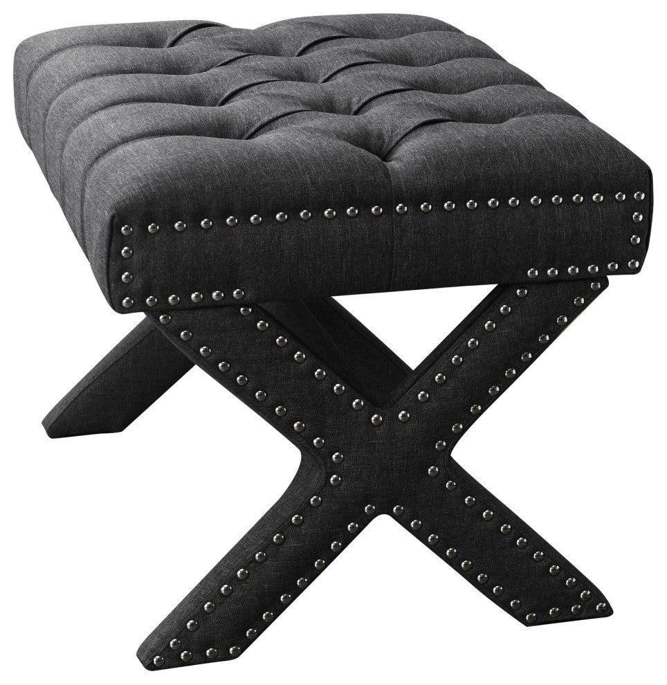 Paola Linen Button Tufted Silver Nailhead Trim X-Leg Ottoman, Dark Gray