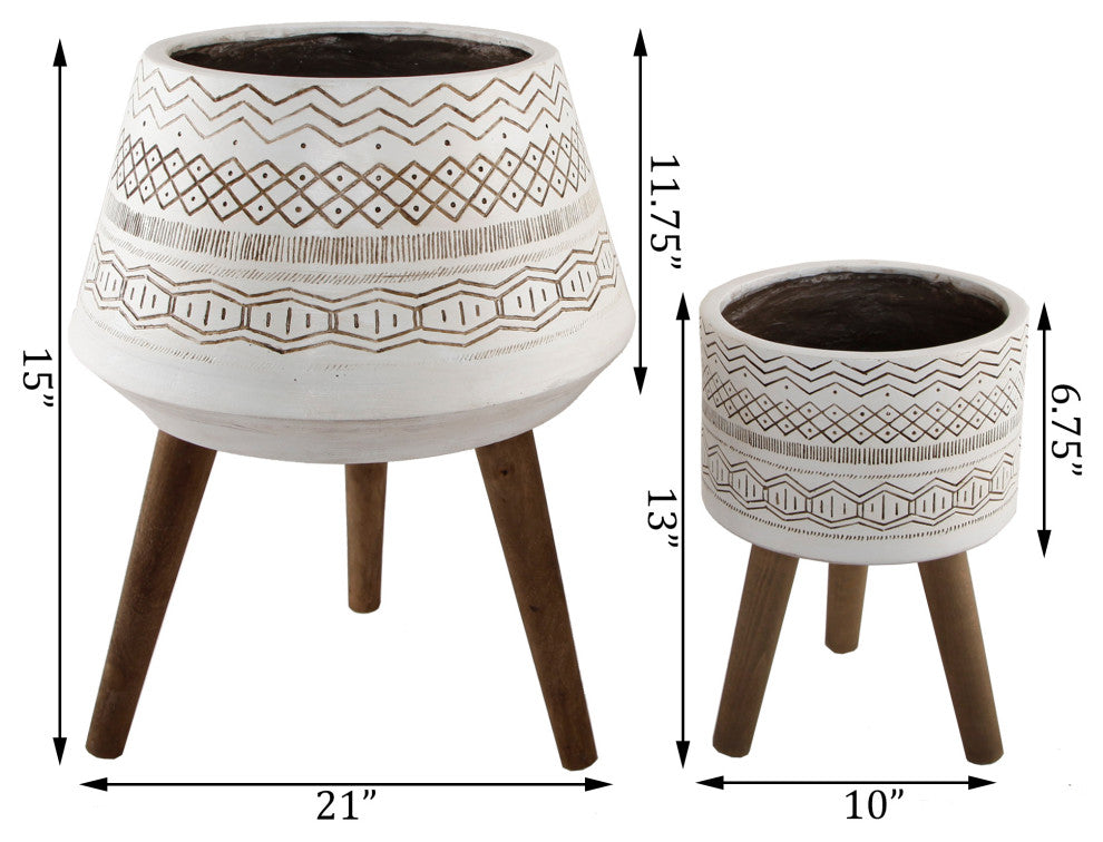 18" and 10" Tribal Fiberglass Plant Pot On Wood Stand,Set of 2