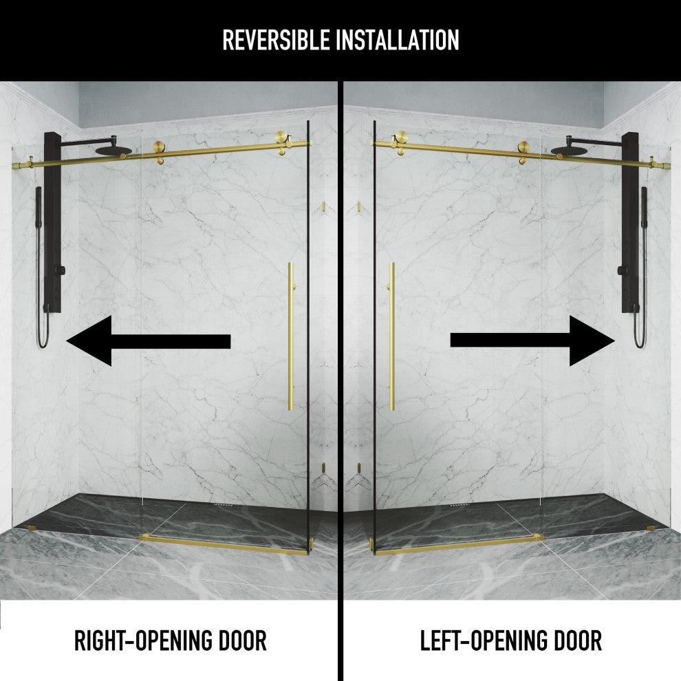 VIGO Elan E-Class Frameless Sliding Shower Enclosure, Matte Brushed Gold, 35" D X 46" W X 76" H, Without Base