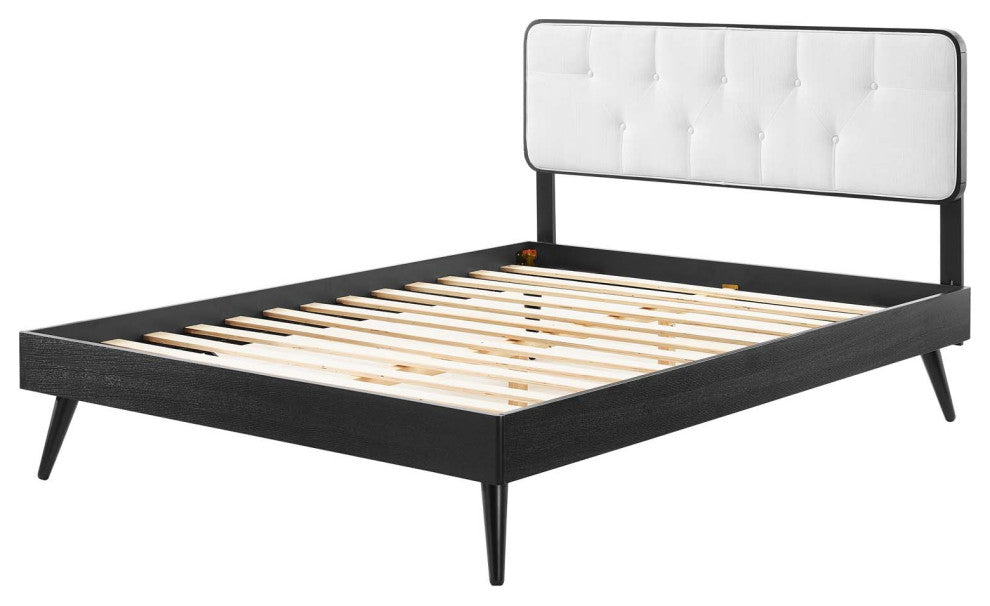 Platform Bed Frame, Queen Size, Fabric, Wood, Black White, Modern Mid-Century