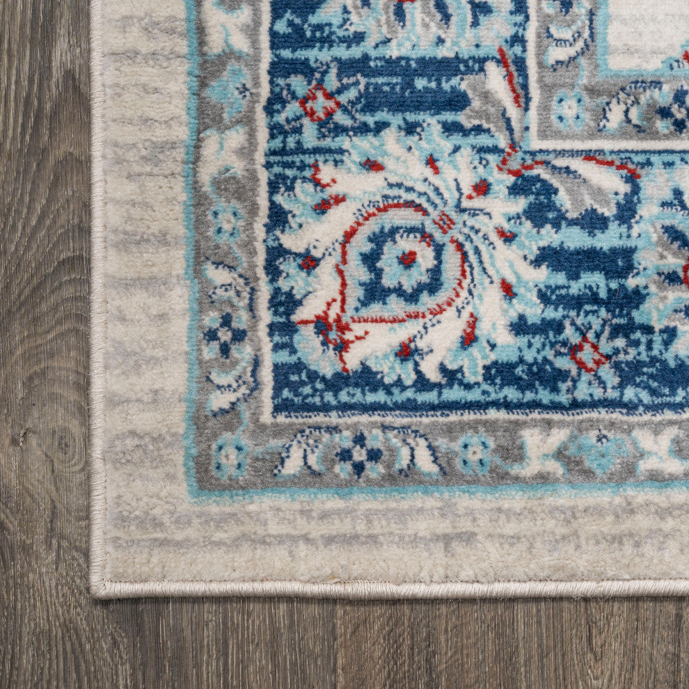 Modern Persian Vintage Moroccan Traditional Cream/Navy 2'x8' Runner Rug