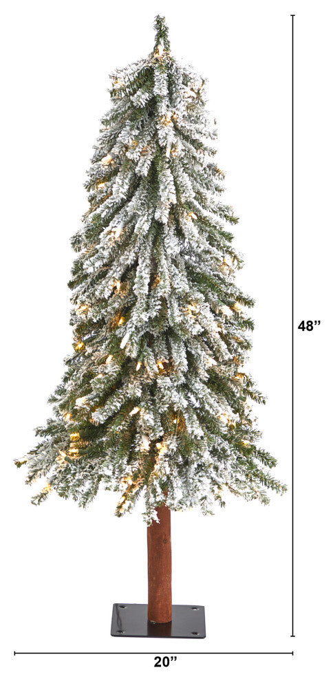 4' Flocked Grand Alpine Faux Xmas Tree W/Lights & Natural Trunk