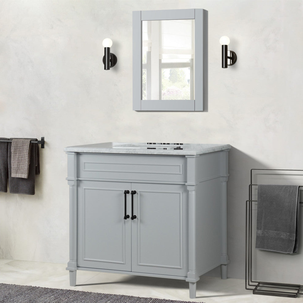36" Single Vanity, Light Gray With White Carrara Marble Top