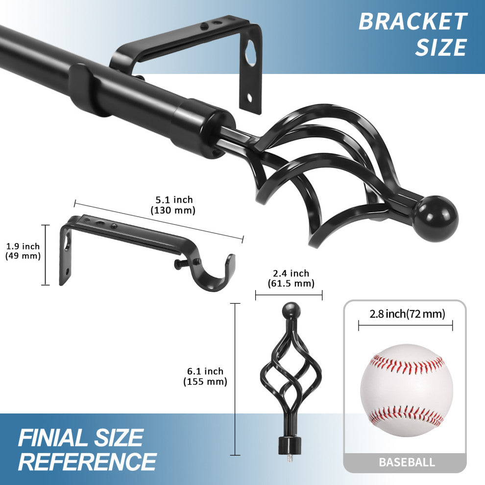 1" Birdcage Drapery Curtain Rod, Black, 84"-120"