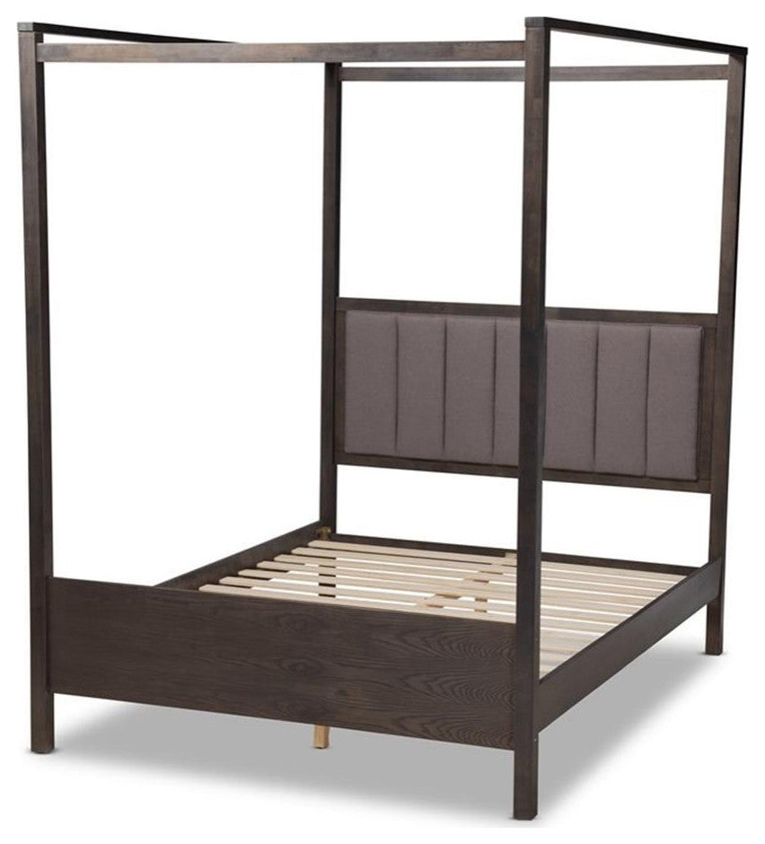 Gray Fabric Dark Gray Oak Finished Wood Queen Size Platform Canopy Bed