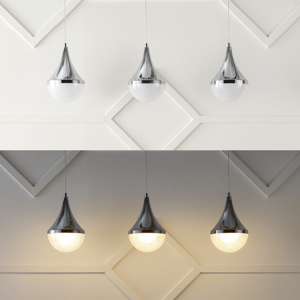 Elyse Teardrop 3-Light Iron/Acrylic Linear Pendant, Chrome/White, Width: 33"