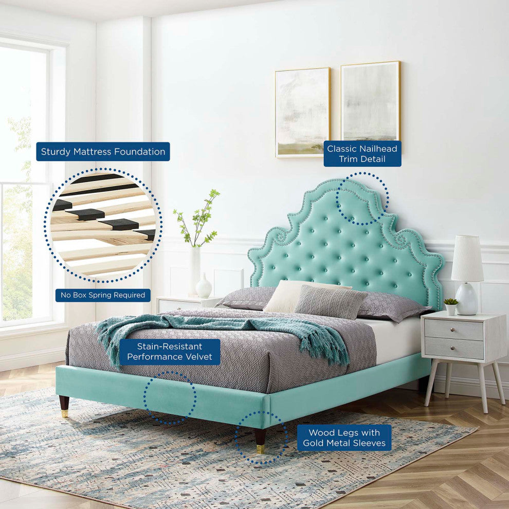 Tufted Platform Bed Frame, Full Size, Velvet, Blue, Modern Contemporary, Bedroom