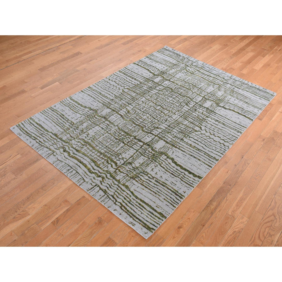 Goose Gray Modern Fine Jacquard Hand Loomed Wool and Art Silk Rug 6'x8'9"