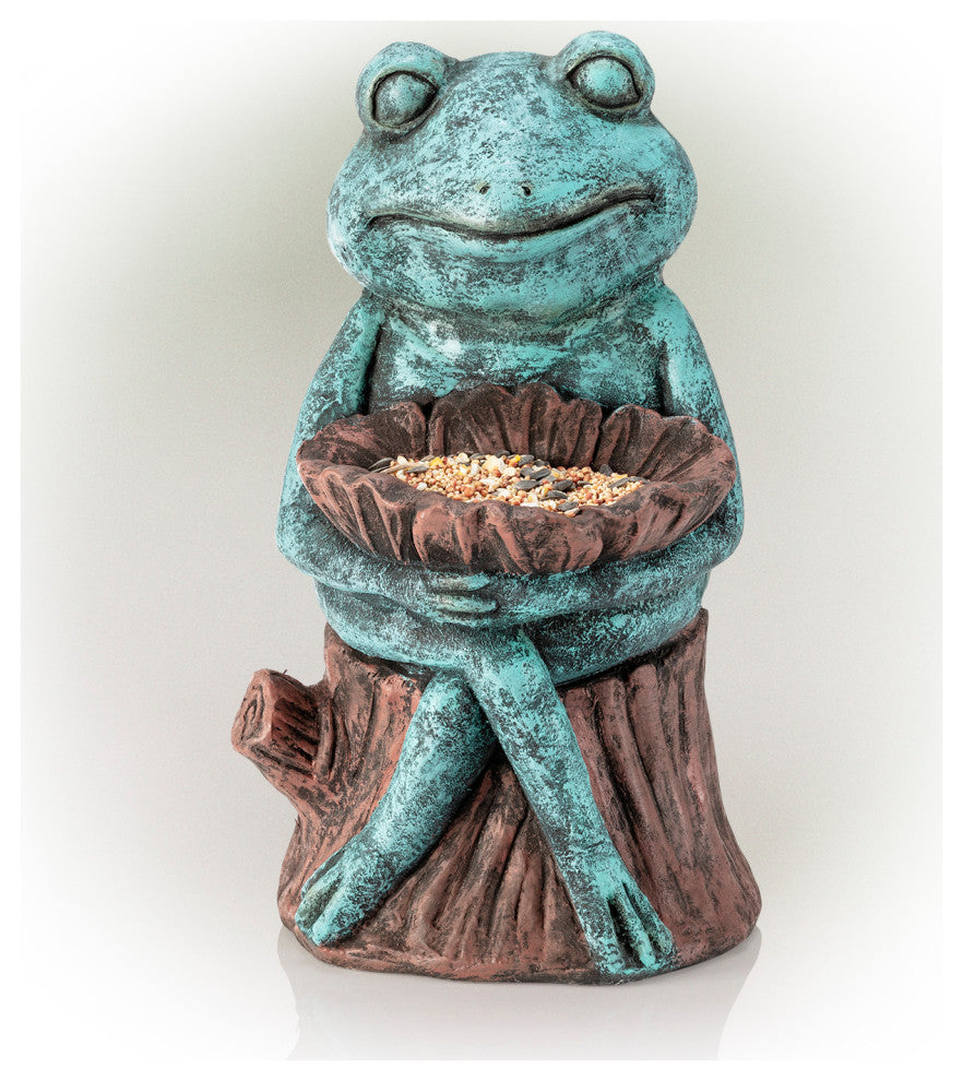 Alpine Green Sleeping Frog Holding a Flower Statue, 15"Tall