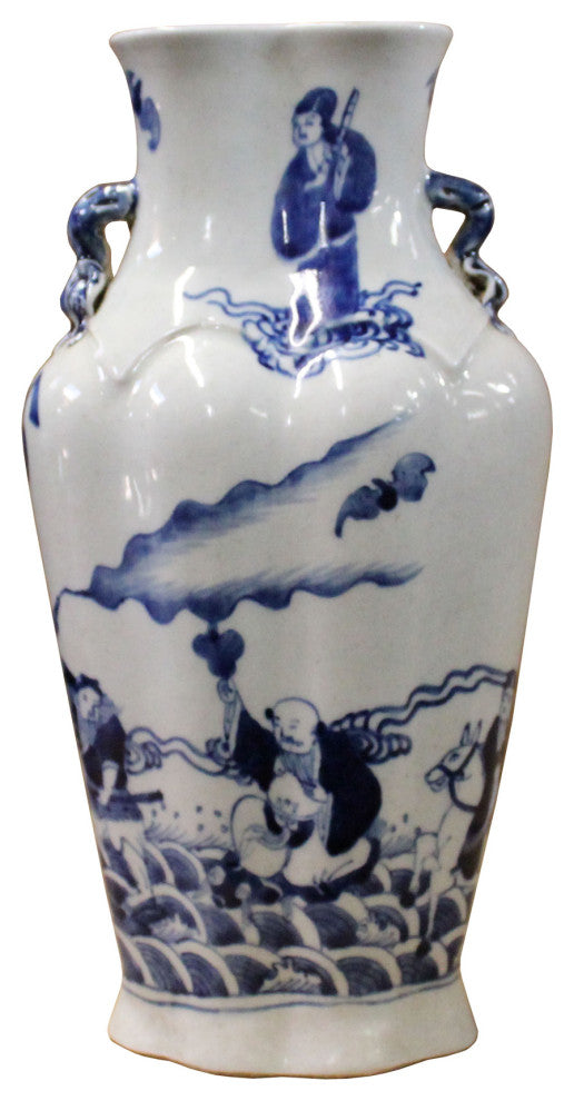 Chinese Blue White Porcelain Eight Immortal Graphic Flat Body Vase Hws399