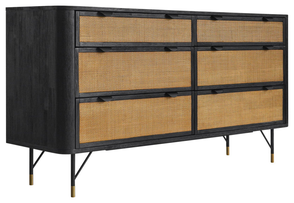 Saratoga 6 Drawer Dresser in Black Acacia with Rattan