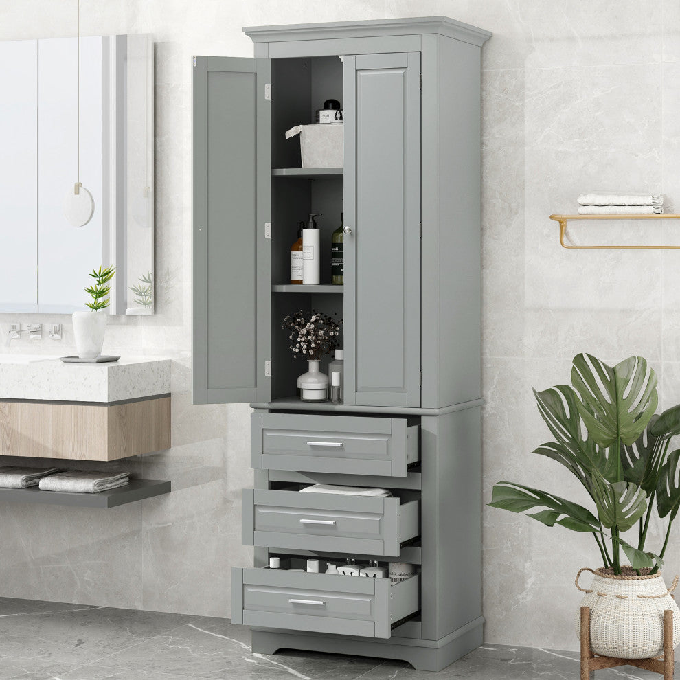Lifestyle image of the cabinet in a bathroom-like setting with decor.
