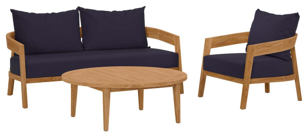 Brisbane 3-Piece Teak Wood Outdoor Patio Outdoor Patio Set, Natural Navy