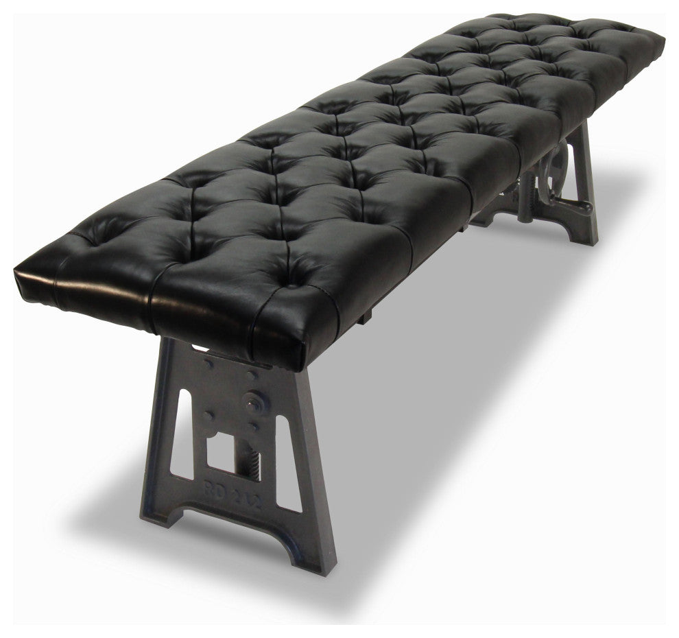 Industrial Dining Bench Seat - Cast Iron Base - Adjustable Black Leather Top