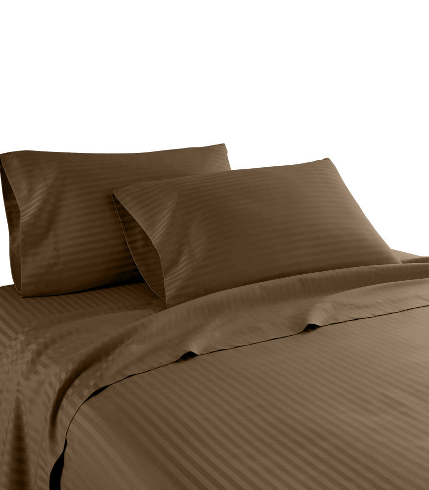 600 Thread Count 100% Cotton Stripe Sheet Set, Brown, Queen