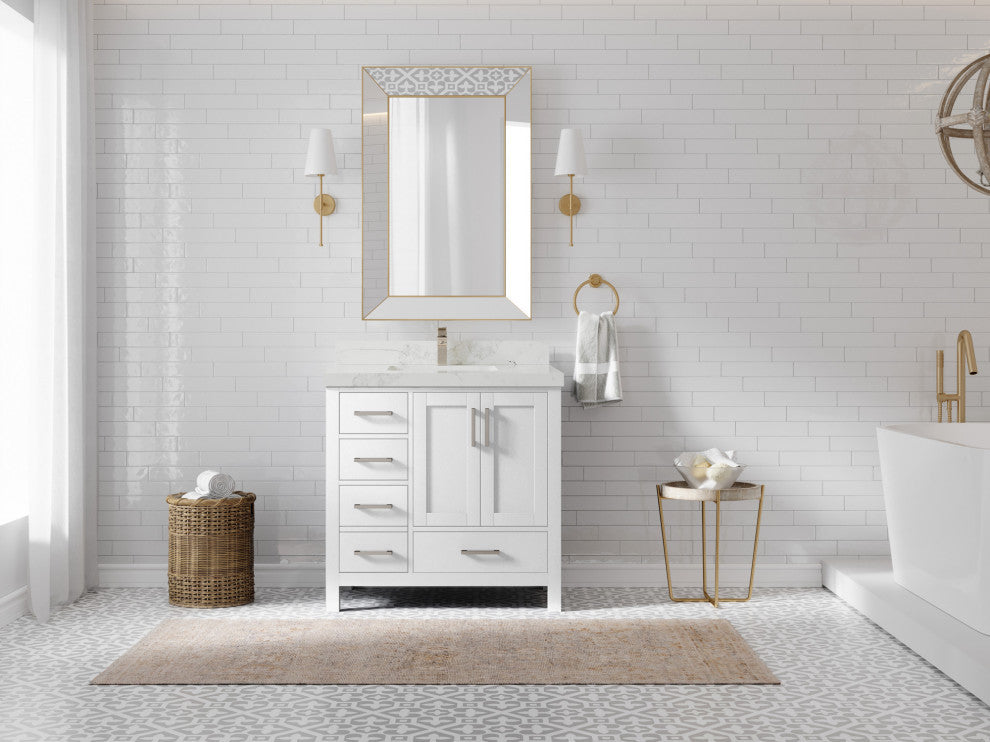 Malibu 36 Center Sink Bath Vanity in White  2" Calacatta Nuvo