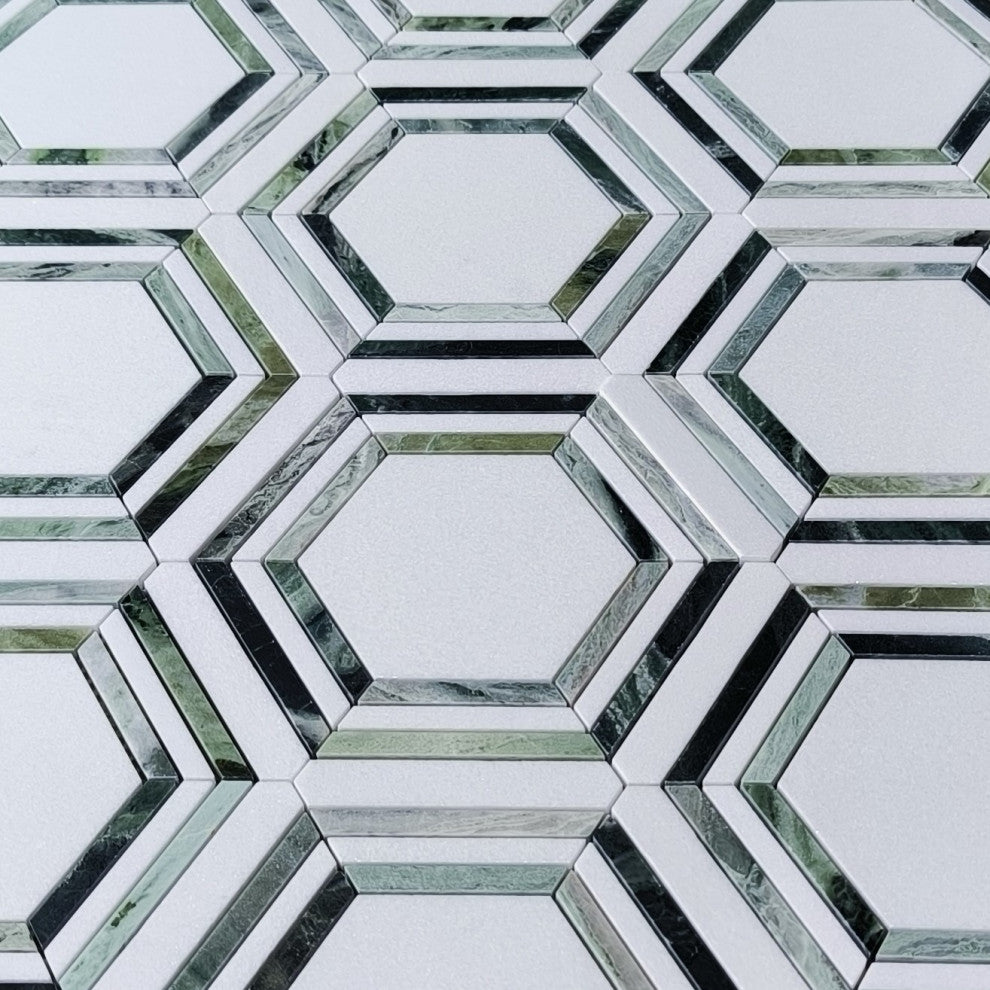 Thassos White Marble Hexagon Georama Mosaic Tile Sagano Vibrant Green, 1 sheet