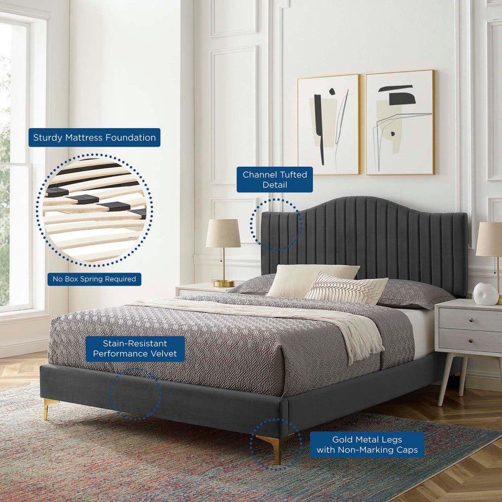 Tufted Platform Bed Frame, Full Size, Velvet, Gray, Modern Contemporary