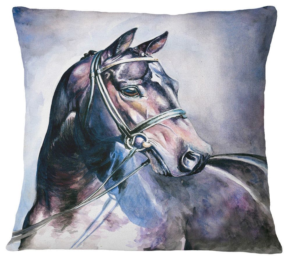 Black Horse With Bridle Abstract Throw Pillow, 16"x16"
